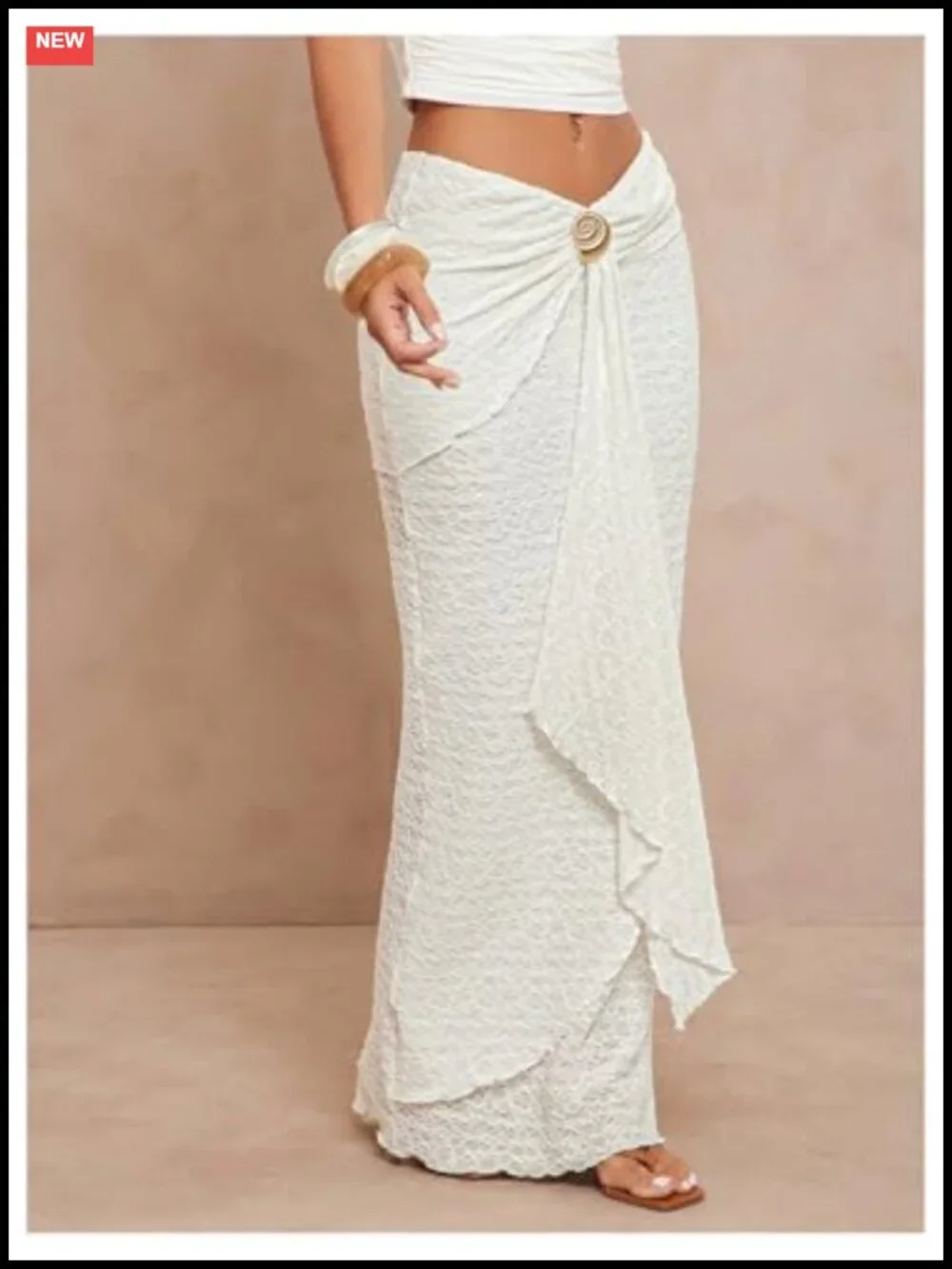 Textured Ruched Ruffle Trim Bodycon Maxi Skirt Boho Asymmetrical Low Waisted